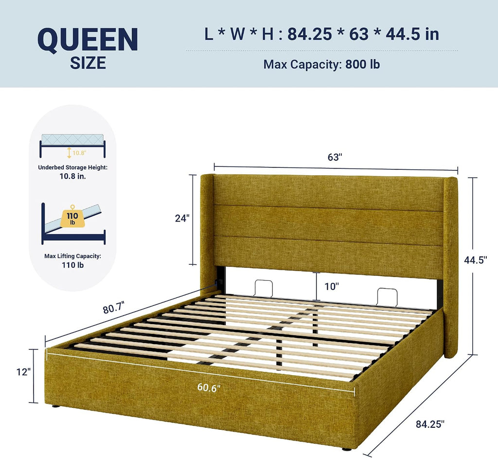 Allewie Queen Size Lift Up Hydraulic Storage Bed Frame Olive Yellow