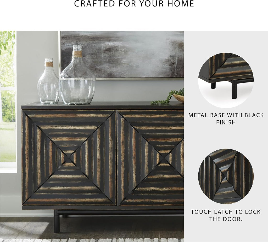 Signature Design by Ashley 72" Black Accent Cabinet Sideboard Buffet | Geometric casual credenza with adjustable shelves, Distressed black wood, veneer and engineered wood, Fair Ridge Series