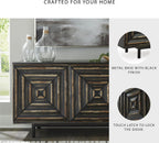 Signature Design by Ashley 72" Black Accent Cabinet Sideboard Buffet | Geometric casual credenza with adjustable shelves, Distressed black wood, veneer and engineered wood, Fair Ridge Series