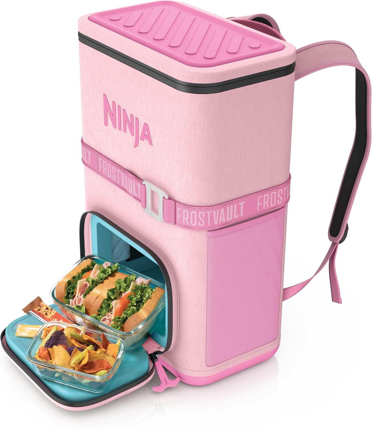 Ninja FrostVault™ Go Soft Backpack Cooler, Dry Storage, Petal Pink | Ninja FrostVault Go soft cooler, stays cool for hours with a leakproof, easy-access lid, and carries like a backpack