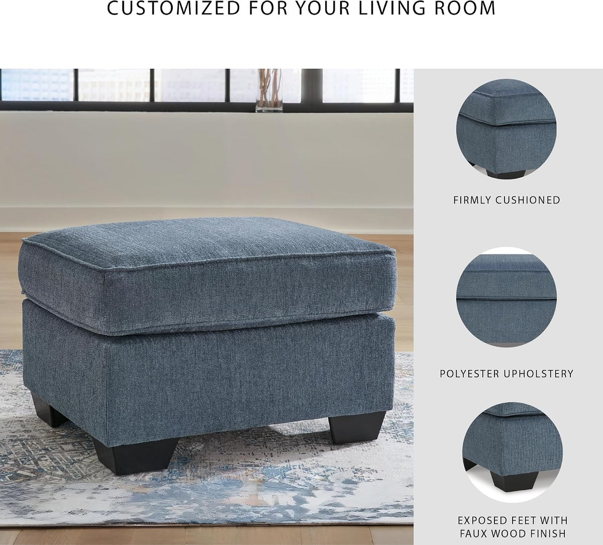Signature Design by Ashley Ottoman, Cashton Blue Rectangular Foot Rest | 100% polyester Janiere chenille, Crosshatched weave, Ottoman foot rest, Firm foam cushion, Sturdy reinforced frame structure