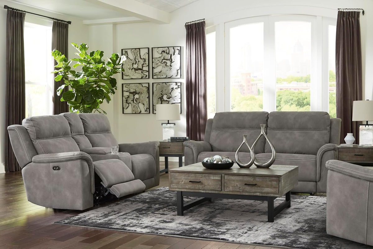 Signature Design by Ashley Power Reclining Loveseat Sofa with Console | Faux leather look, 15-minute assembly, Water-resistant DuraPella fabric, Zero-gravity reclining, Adjustable headrest