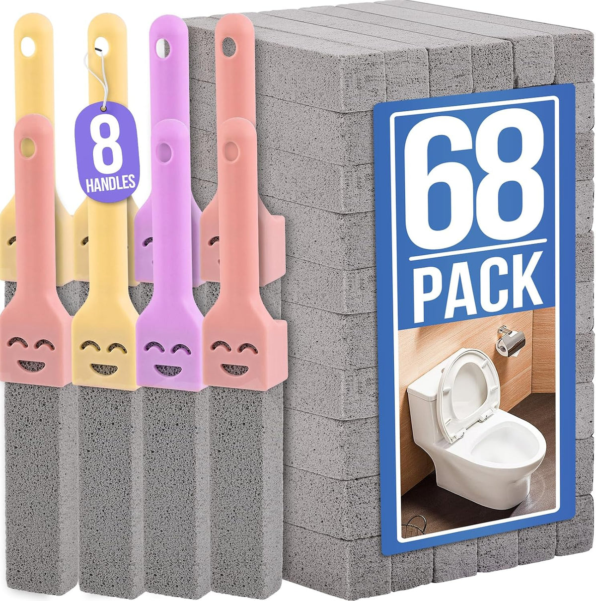 Navona 8 Pack Pumice Stone Scouring Sticks with 2 Universal Handles, Grey Pumice Stone Cleaner for Cleaning Toilets, Bathrooms, Kitchens, Spas and Pools