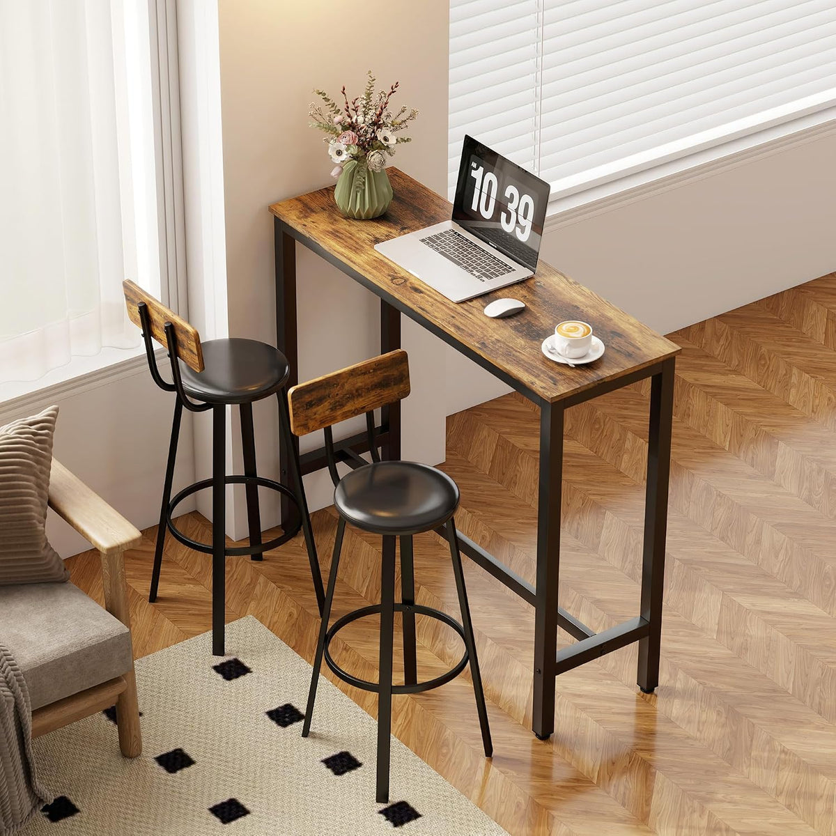 HOMCOM Bar Stools Set of 2 Upholstered Backrest Rustic Brown and Black