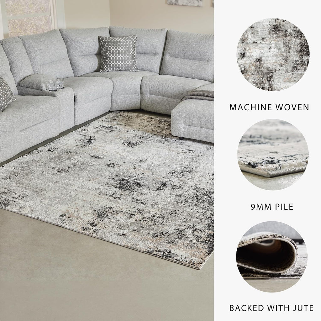 Signature Design by Ashley Langwell 8' x 10' Area Rug, Black & Gray | 100% polyester fabric, Natural jute backing, 9 mm medium pile, Contemporary modern style, Living room and bedroom use