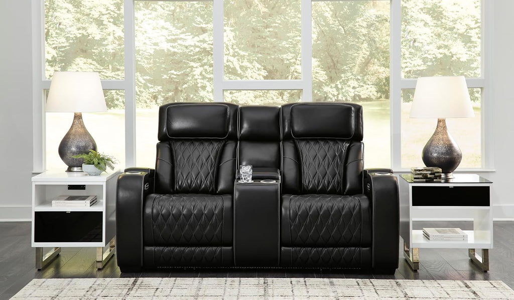 Signature Design by Ashley Boyington Power Reclining Loveseat with Console | A combination of leather and faux leather, Zero-gravity power recline, Air massage system and heat, USB storage console