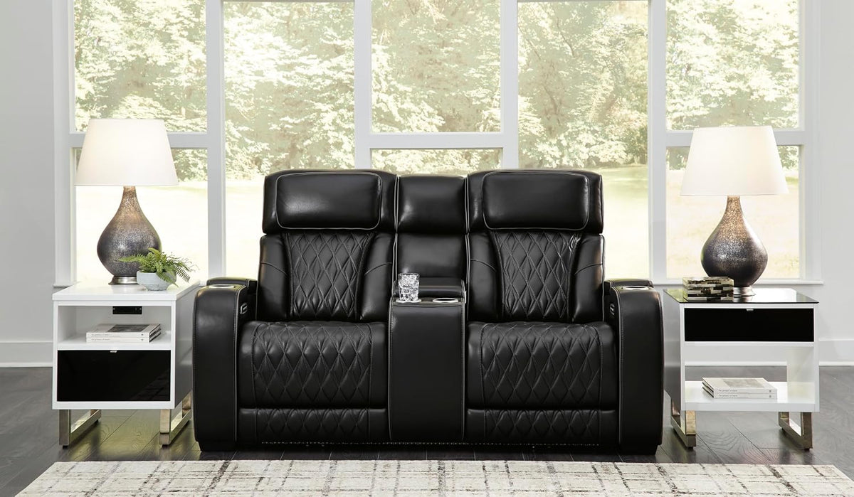 Signature Design by Ashley Boyington Power Reclining Loveseat with Console | A combination of leather and faux leather, Zero-gravity power recline, Air massage system and heat, USB storage console