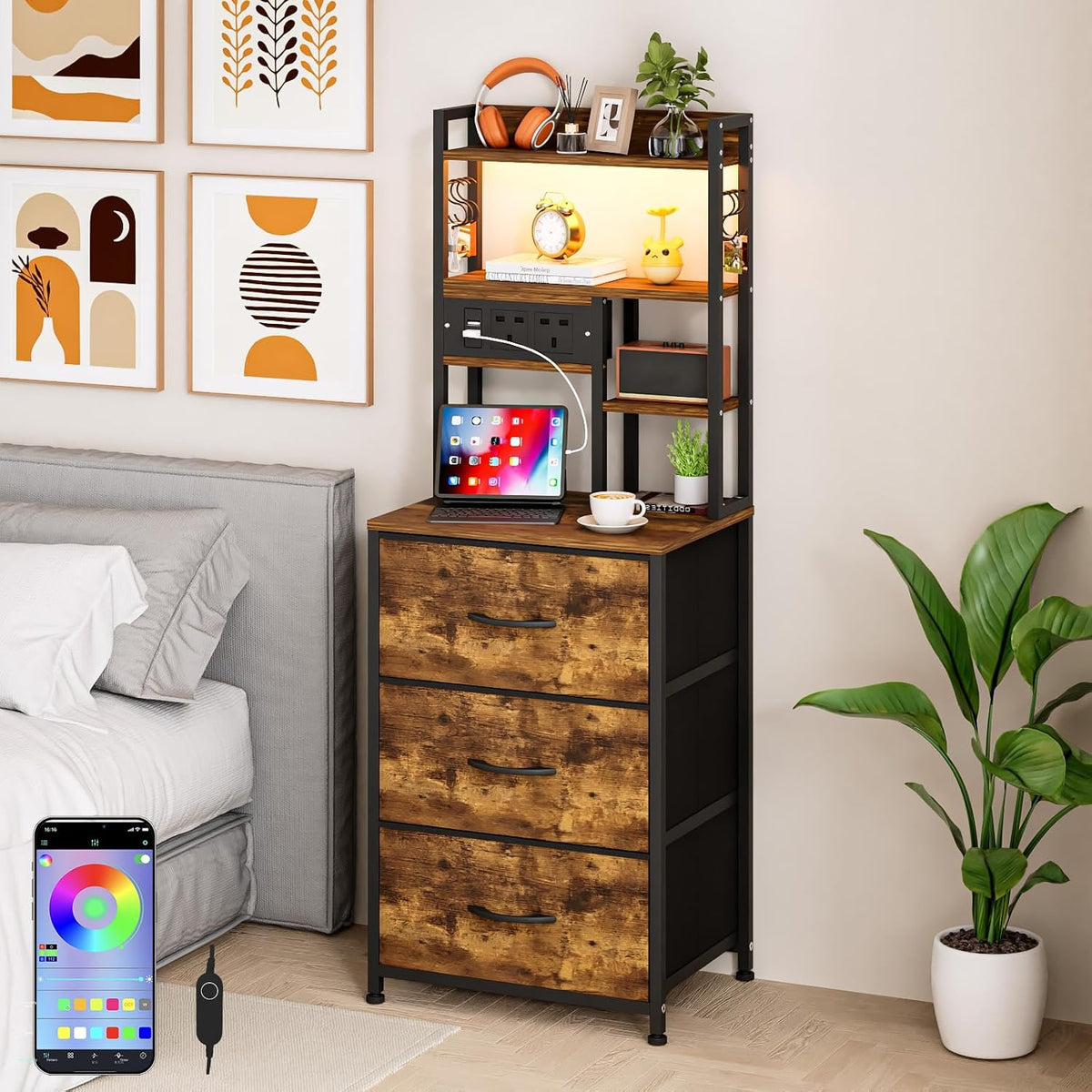 Bedside Table,Nightstand with Charging Station&App Control LED Lights