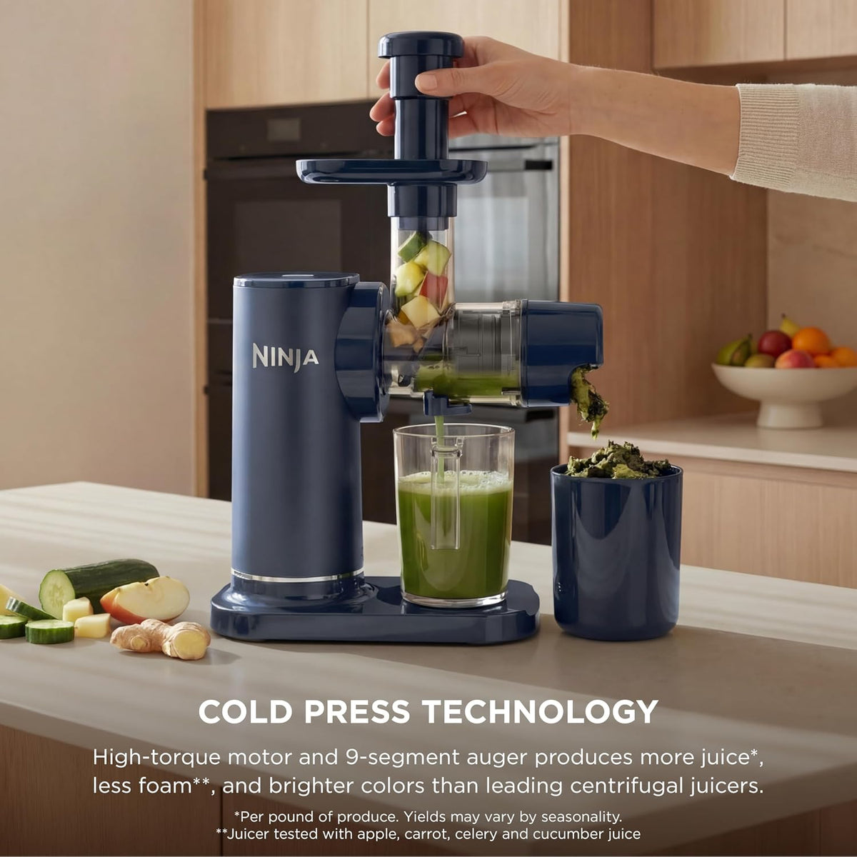 Ninja NeverClog Cold Press Juicer, 24oz Jug, 36oz Pulp, Navy, JC151NV | 150W high-torque auger juices fibrous fruits & veggies. Total Pulp Control, 2 one-touch programs. Dishwasher safe.