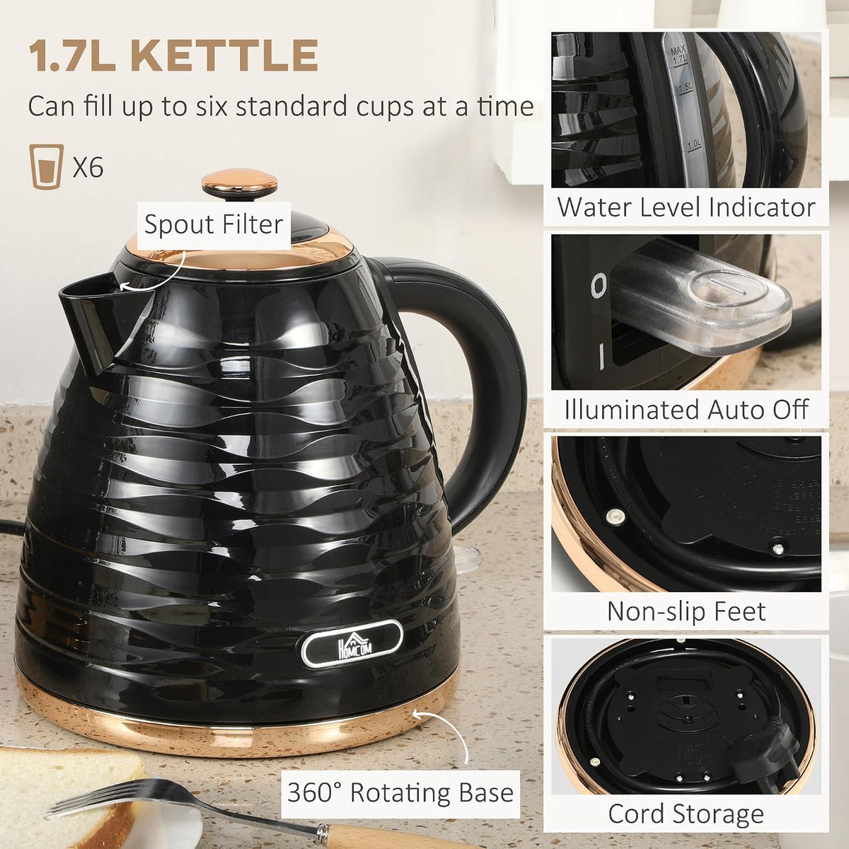 HOMCOM Kettle and Toaster Sets 3000W 1.7L Kettle & 4 Slice Toaster Black