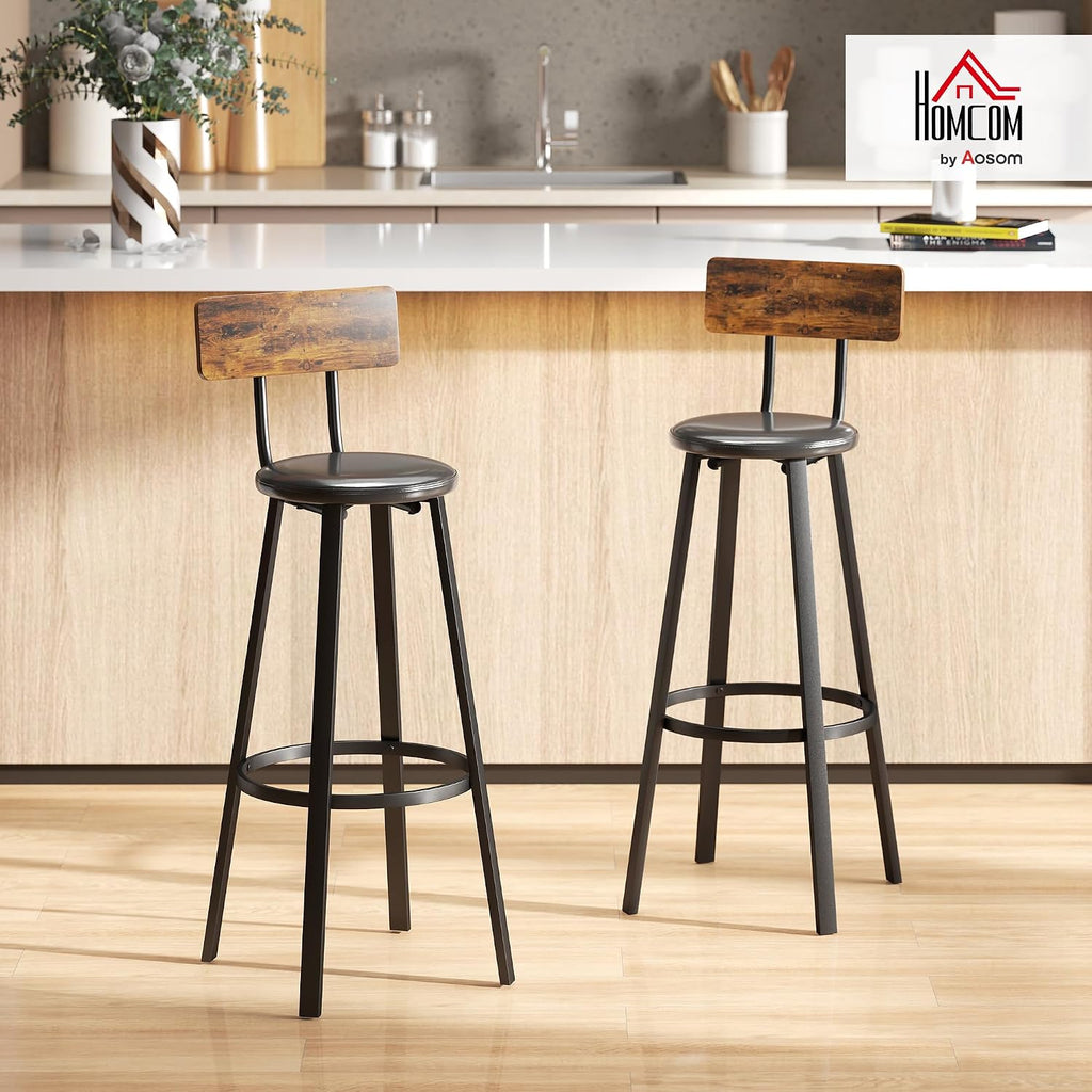 HOMCOM Bar Stools Set of 2 Upholstered Backrest Rustic Brown and Black