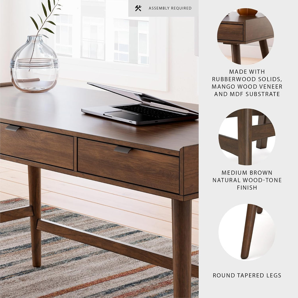 Signature Design by Ashley Lyncott Home Office Desk 60" Midcentury Modern | Mid-century modern office desk, Mango wood veneer, Solid rubberwood legs, 3 dovetail drawers, Integrated cord management
