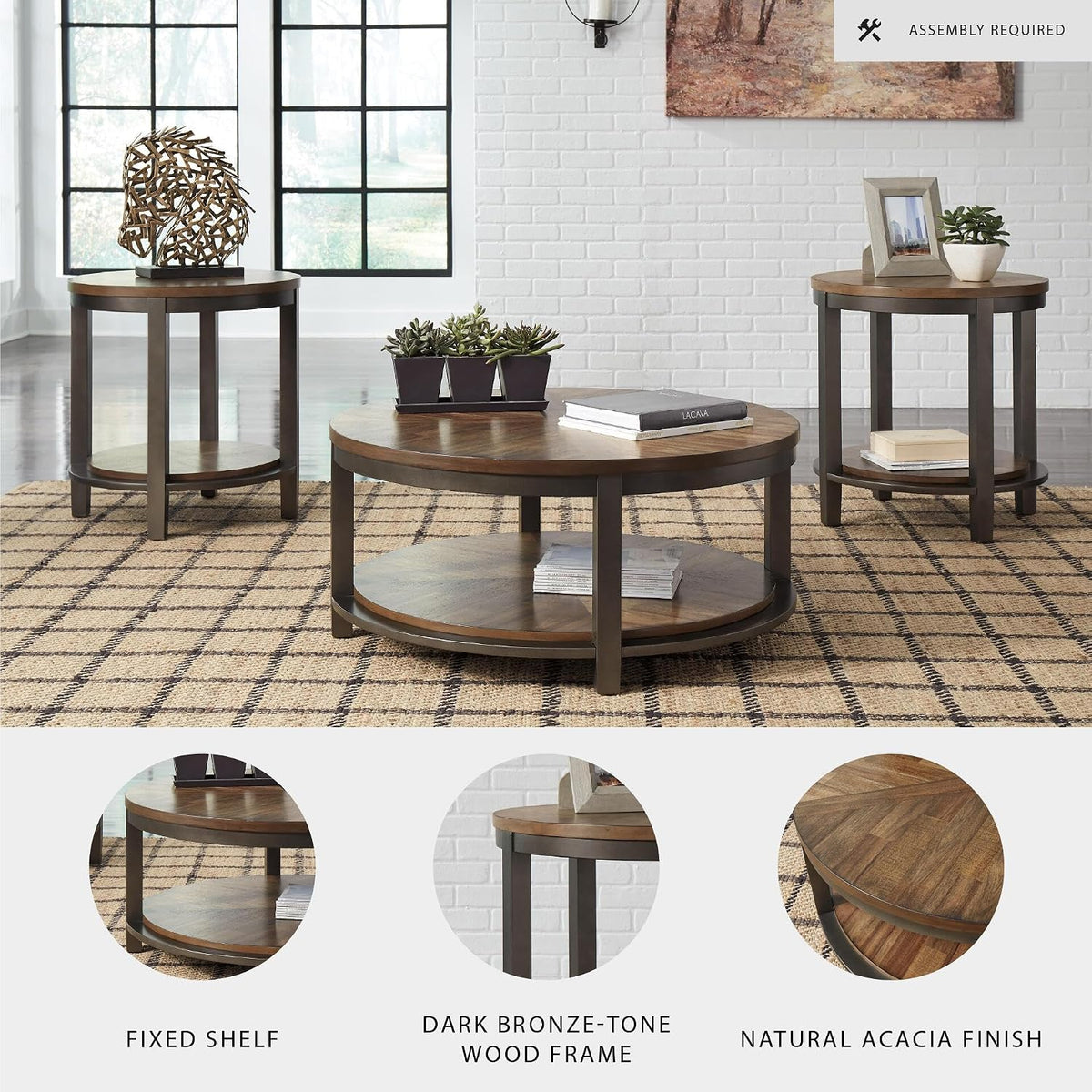Signature Design by Ashley Roybeck 3-Piece Wood Coffee and End Table Set | Round tables with fixed lower shelves, Dark bronze-tone frame, Veneers, wood and engineered wood, Natural acacia finish