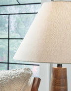 Signature Design by Ashley Danset 30" Tall Table Lamp, Honey Brown | Honey brown base crafted from wood products and other materials, Cotton empire hardback fabric shade, 3-way rotary switch