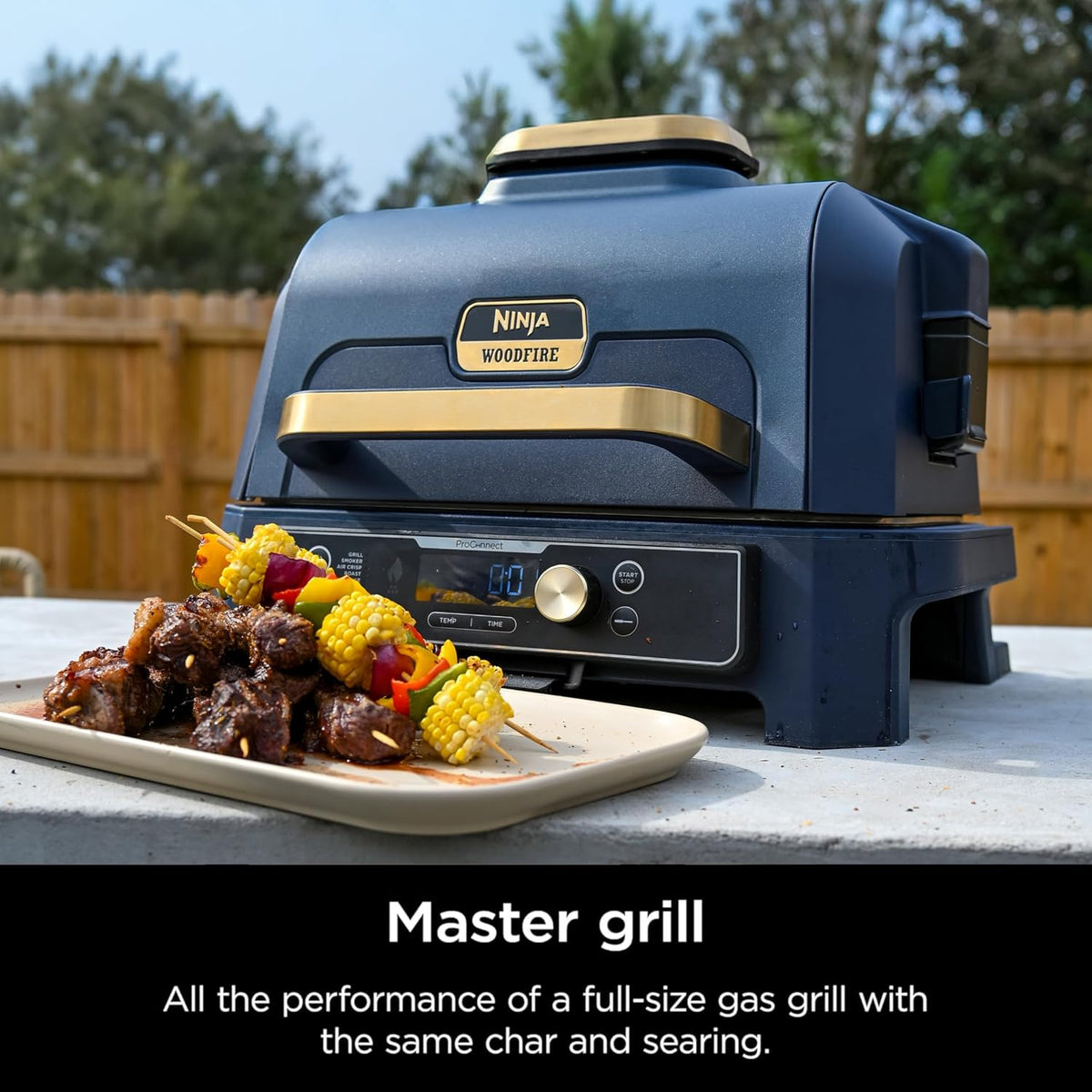 Ninja Woodfire ProConnect Premium XL Outdoor Grill & Smoker, Blue & Gold | Ninja Woodfire ProConnect 7-in-1 Grill has 180 sq in of space, and an app-connected thermometer for foolproof BBQ smoking