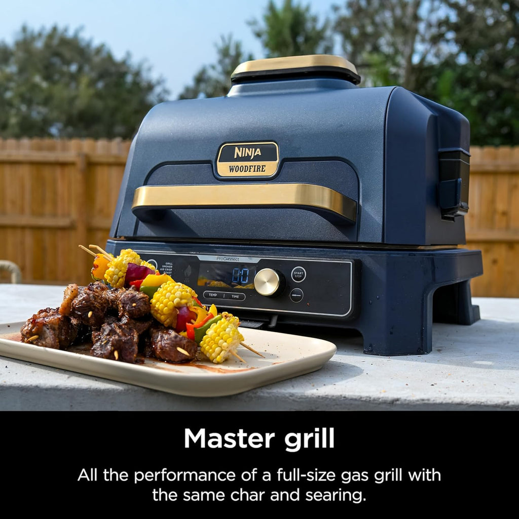 Ninja Woodfire ProConnect Premium XL Outdoor Grill & Smoker, Black & Gold | Ninja Woodfire ProConnect 7-in-1 Grill has 180 sq in of space, and an app-connected thermometer for foolproof BBQ smoking