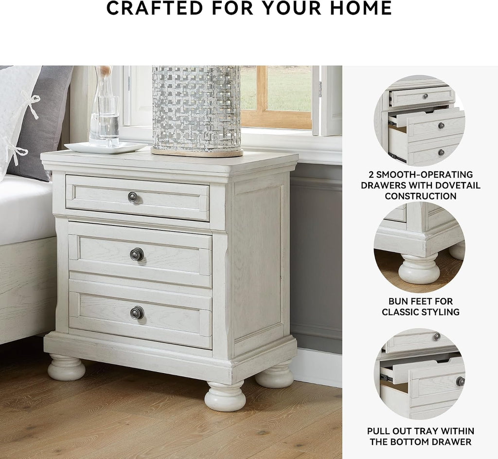 Signature Design by Ashley Tall Antique White Nightstand Wood Bedside Table | Two dovetail drawers, Hidden pull-out tray for valuables, Textured antiqued white oak finish, Robbinsdale Series