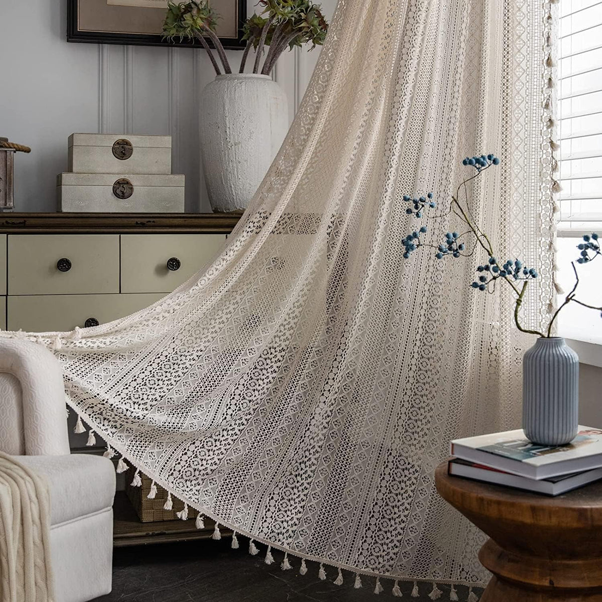 Sutuo Home Boho Curtain Crochet Lace Semi-Sheer Florals Hollow Knitted Handmade Tassels, Rod Pocket Window Treatment Vintage Rustic Farmhouse Drapes for Living Bedroom, 1 Panel 59" W x 84" L, Beige