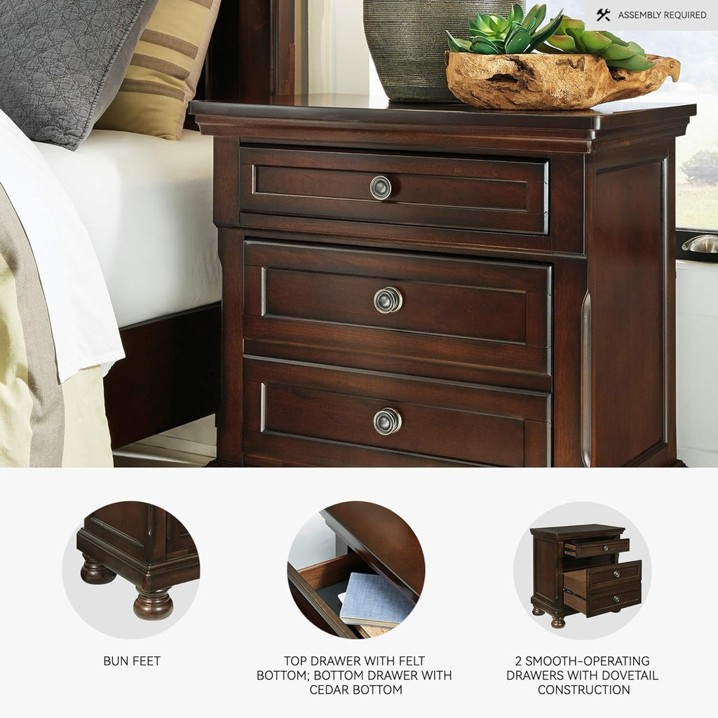 Signature Design by Ashley Porter Traditional Wood Nightstand, Brown | Veneers, wood and engineered wood, 2 smooth-operating drawers, Hidden pull-out tray, Felt bottom, Bun feet