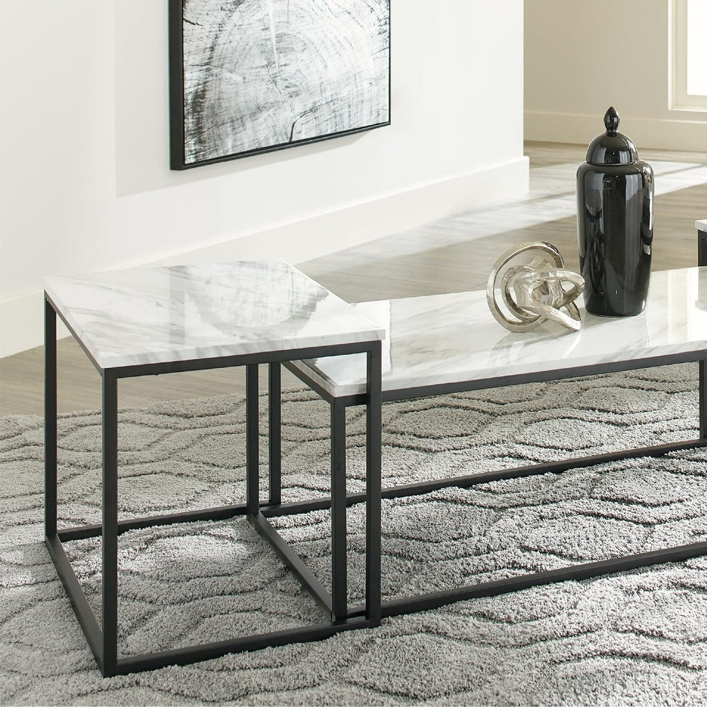Signature Design by Ashley Donnesta 3 Piece Nesting Coffee Table Set | Space saving design, Decorative laminate over engineered wood, Faux Carrara marble pattern, Black powder coated metal