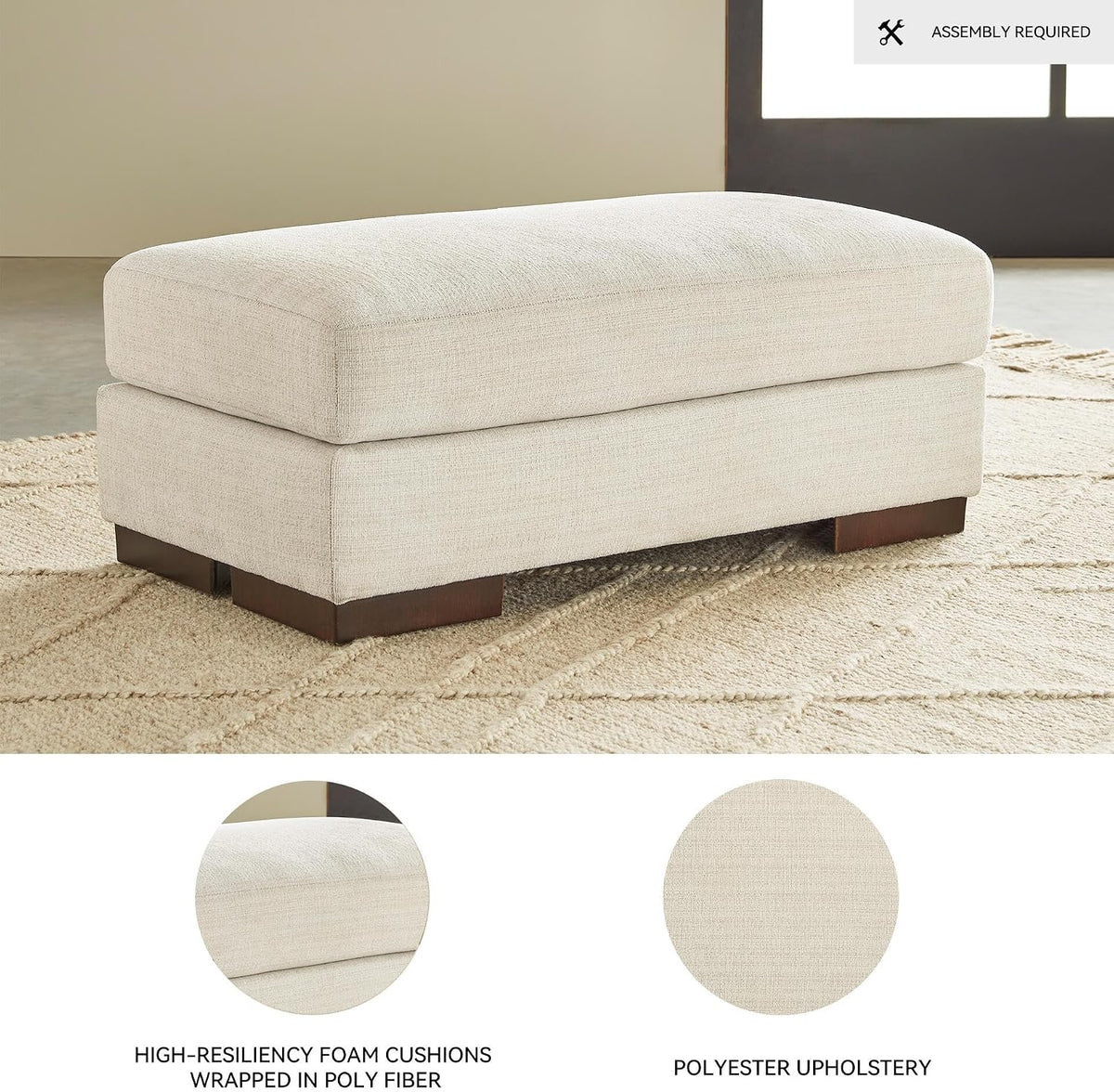 Signature Design by Ashley Large Rectangular Chenille Ottoman, Birch White | Textured polyester chenille over a durable reinforced wood frame, Pre-assembled contemporary convenience, Maggie Series