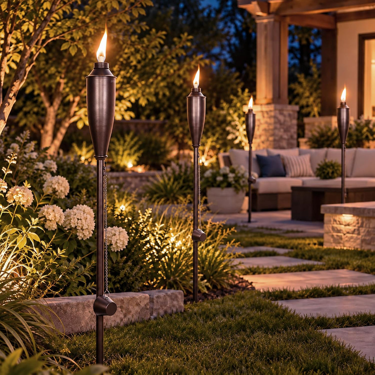 Garden Torches for Outside -Deco Home Pack of 4 Metal Garden Torches Citronella Oil for Outdoor Ambiance - Decorative and Functional Citronella Torches for Patio, Lawn, and Backyard- Bronze