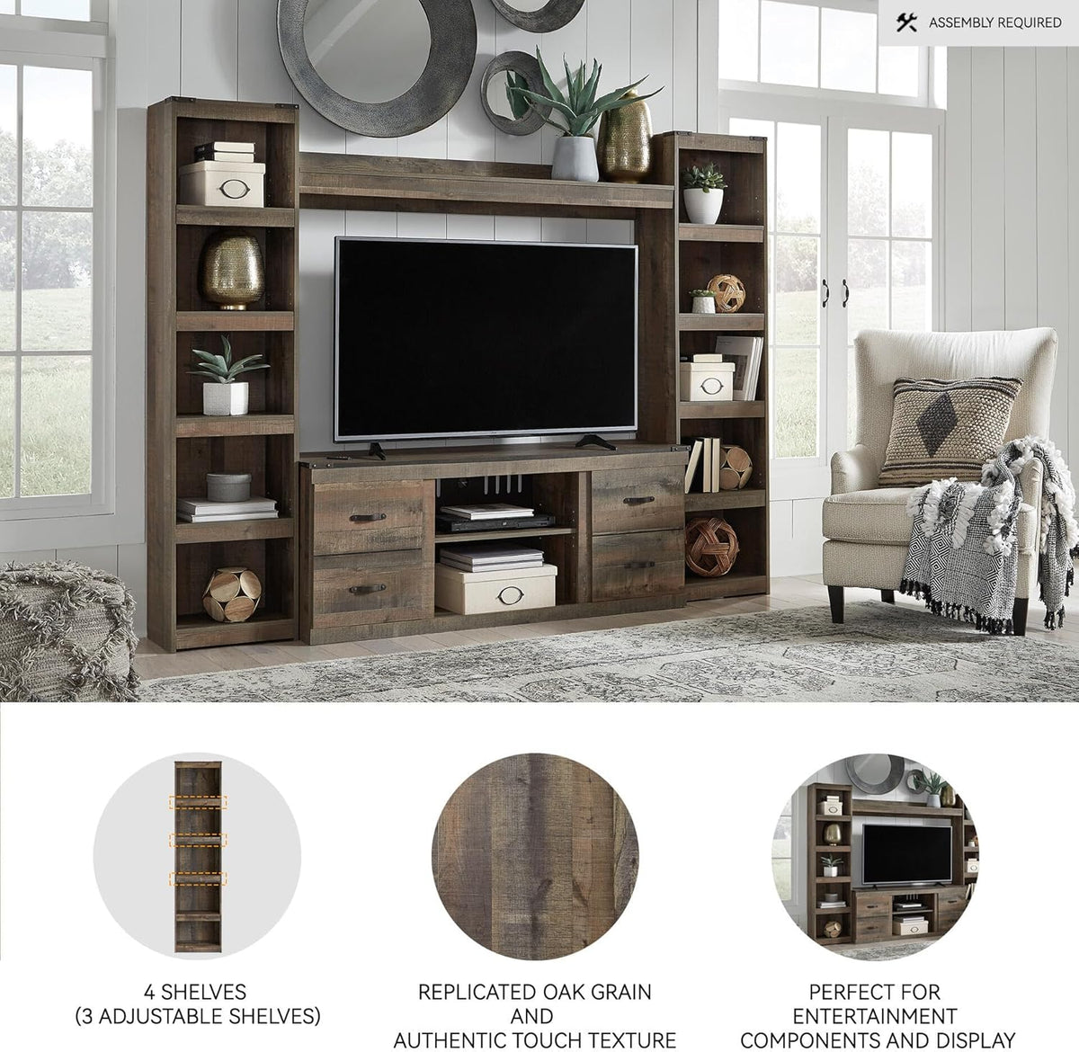 Signature Design by Ashley Trinell Media Pier, 72-Inch Rustic Bookcase | Durable engineered wood, Rustic replicated oak grain, 4 spacious shelves (3 adjustable), Versatile narrow bookshelf