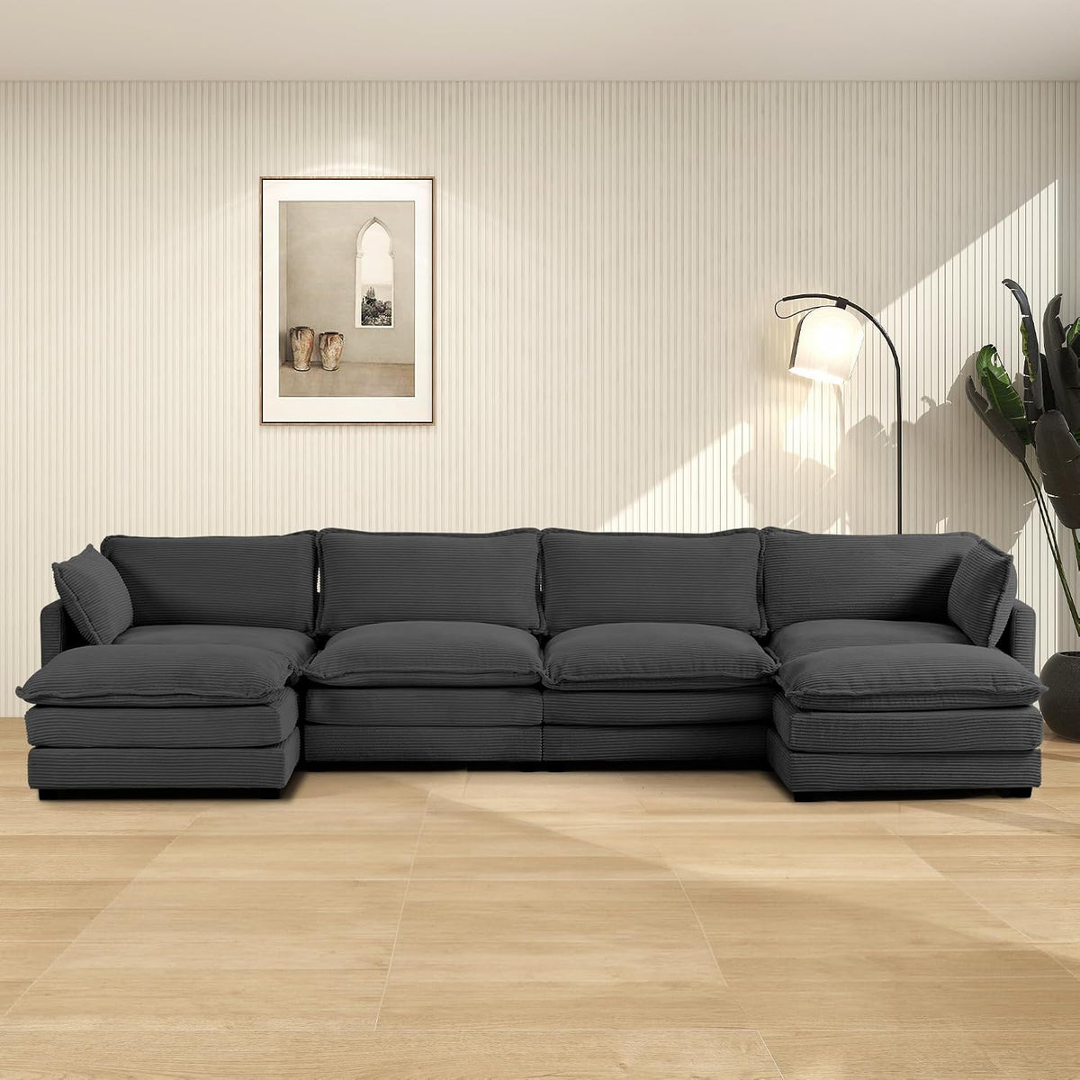 ROWHY 112'' Sectional Modular Cloud Couch, Oversized 5 Seat Couches U Shaped Sofa with 2 Movable Ottomans, 2 Throw Pillows, Upholstered Corduroy U Shape Comfy Deep Couches for Living Room, Beige