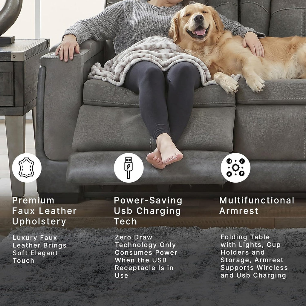 Signature Design by Ashley Faux Leather Power Reclining Sofa, Slate | 15-minute assembly, Zero gravity reclining couch, Drop-down table, Wireless charging, Power headrest, Next-Gen series