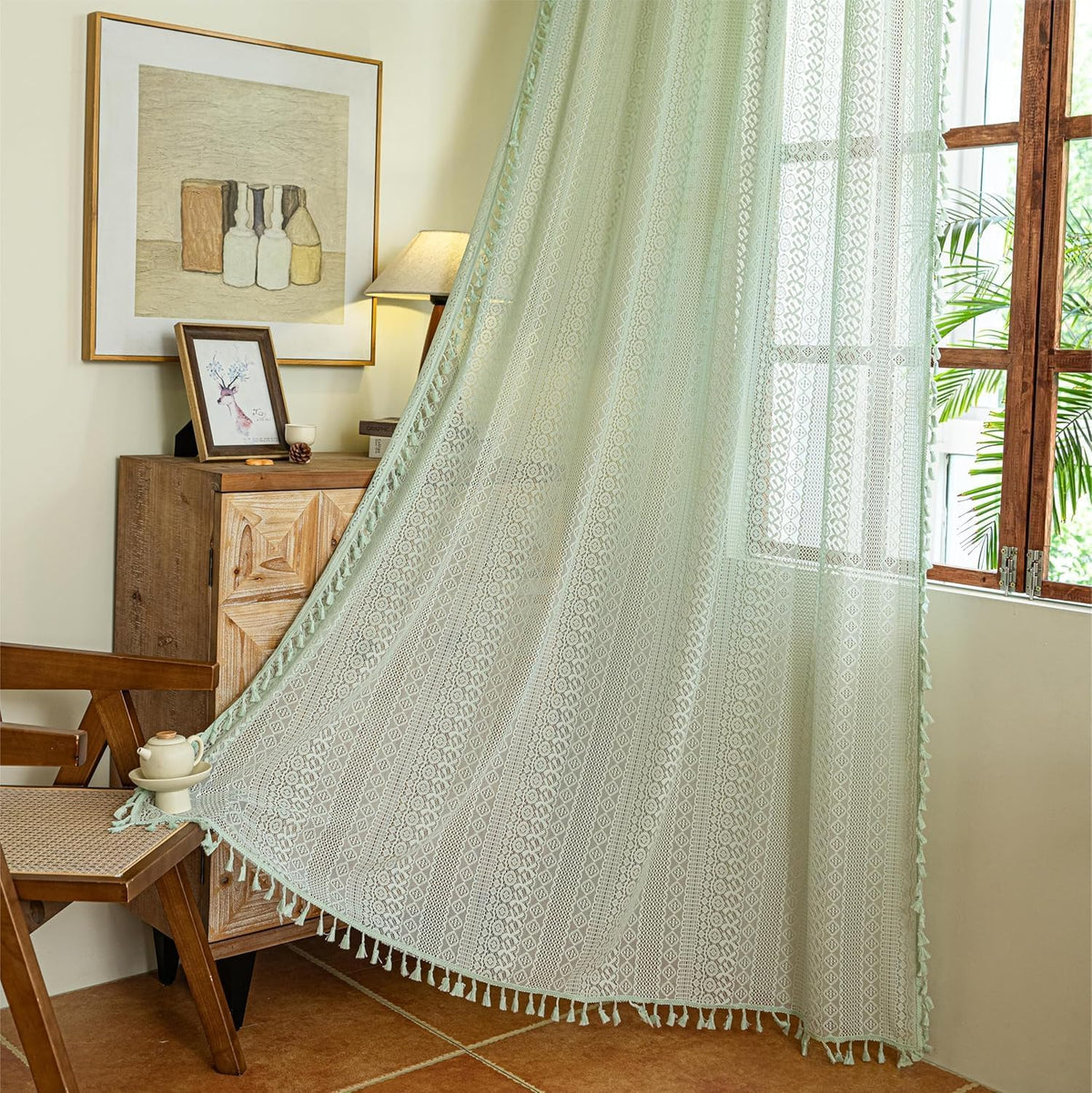Sutuo Home Boho Curtain Crochet Lace Semi-Sheer Florals Hollow Knitted Handmade Tassels, Rod Pocket Window Treatment Vintage Rustic Farmhouse Drapes for Living Bedroom, 1 Panel 59" W x 84" L, Beige