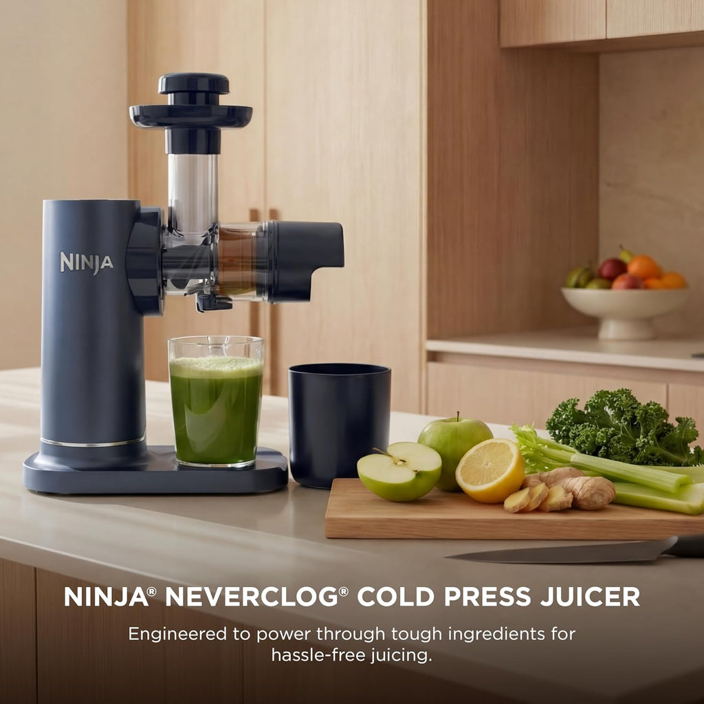 Ninja NeverClog Cold Press Juicer, 24oz Jug, 36oz Pulp, Navy, JC151NV | 150W high-torque auger juices fibrous fruits & veggies. Total Pulp Control, 2 one-touch programs. Dishwasher safe.
