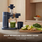Ninja NeverClog Cold Press Juicer, 24oz Jug, 36oz Pulp, Navy, JC151NV | 150W high-torque auger juices fibrous fruits & veggies. Total Pulp Control, 2 one-touch programs. Dishwasher safe.