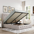 Allewie Queen Size Lift Up Storage Button-Tufted Bed Frame Light Beige