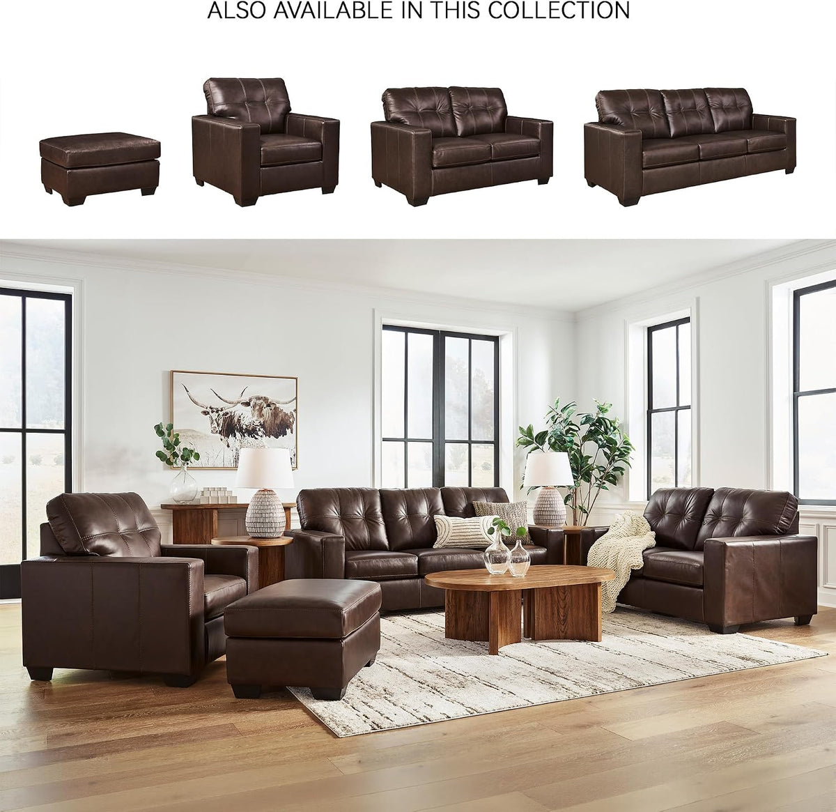 Signature Design by Ashley Santorine Contemporary Leather and Faux Leather Rectangular Ottoman, Top Grain Cushion, Rectangular Footrest and Coffee Table for Living Room, 34" W, Dark Brown