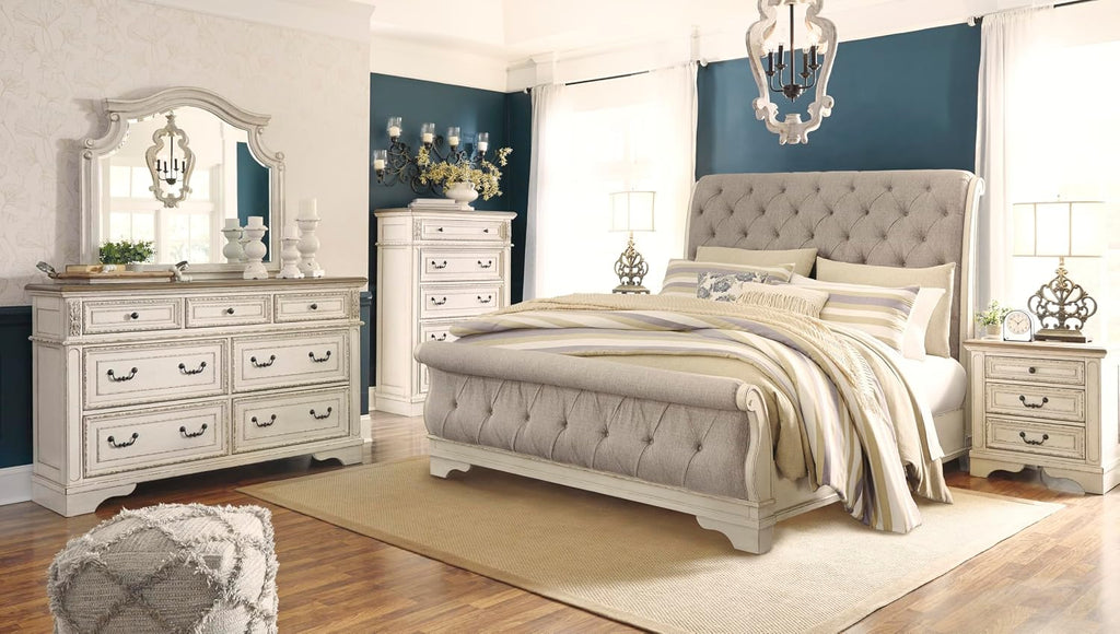 Signature Design by Ashley 7 Drawer Dresser for Bedroom, Two-Tone White | French country aesthetic with distressed wood top, Smooth-gliding dovetail joints and bronze-tone hardware, Realyn Series
