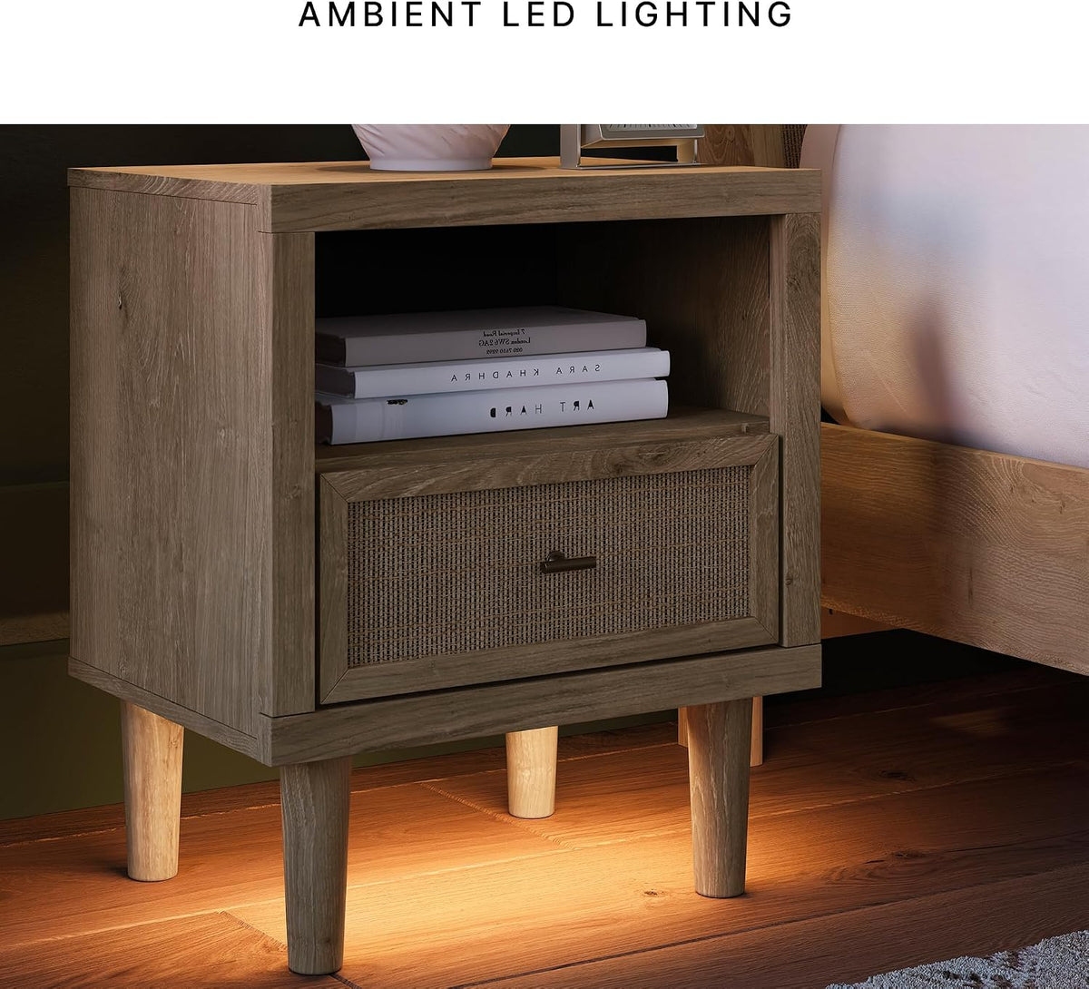 Signature Design by Ashley Cielden Light Brown 1-Drawer USB Nightstand | Two-tone replicated oak and faux cane print, Built-in wireless charging and LED base, Contemporary style for bedrooms