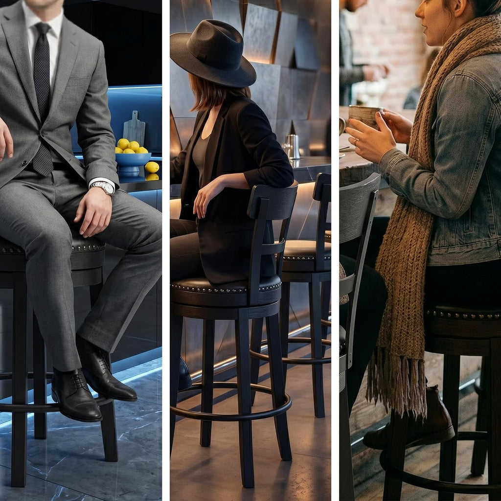 Signature Design by Ashley 1-Piece Counter Height Bar Stool, Black Swivel | Easy-clean leather and faux leather combination seat, Rustic farmhouse style with antiqued finish, Valebeck Series