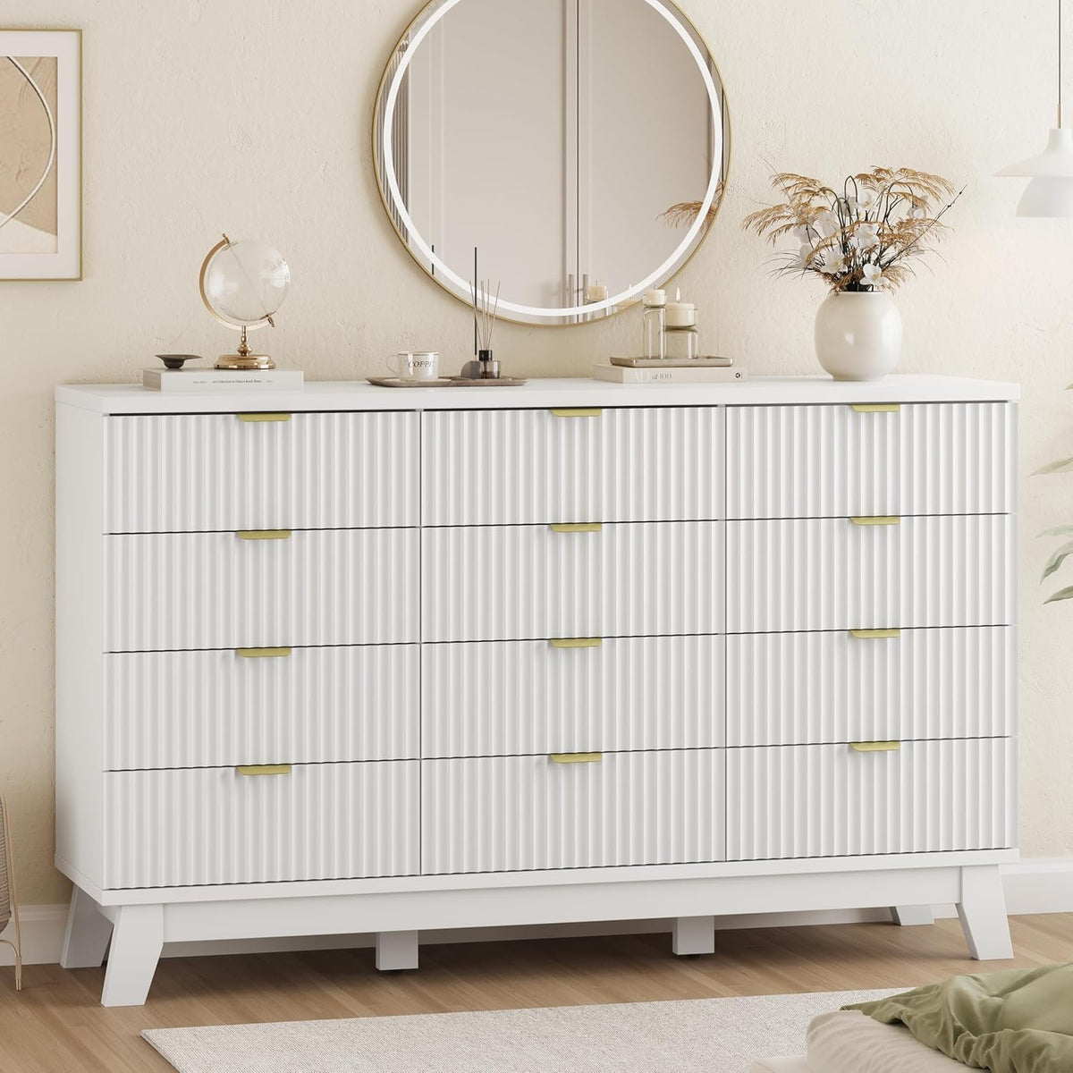 Xixini Fluted Dresser for Bedroom with 9 Drawers, 57" Wide Modern Chest of Drawers with Metal Handle, Wooden Dresser TV Stand, Wood Closet Clothes Storage Organizer for Living Room, Hallway, Walnut