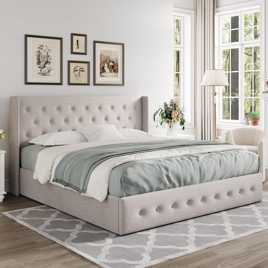 Allewie Queen Size Lift Up Storage Button-Tufted Bed Frame Light Beige