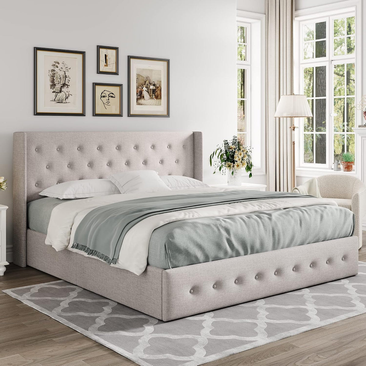 Allewie Queen Size Lift Up Storage Button-Tufted Bed Frame Light Beige