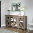 Signature Design by Ashley Fossil Ridge 4-Door Accent Cabinet, Gray | Solid and engineered wood, Tempered glass inlays, Quatrefoil fretwork pattern, 3 adjustable shelves, 76 in width