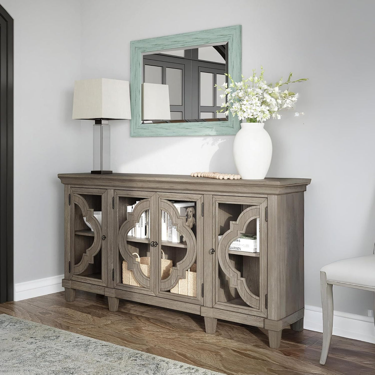 Signature Design by Ashley Fossil Ridge 4-Door Accent Cabinet, Gray | Solid and engineered wood, Tempered glass inlays, Quatrefoil fretwork pattern, 3 adjustable shelves, 76 in width