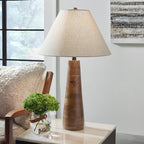 Signature Design by Ashley Danset 30" Tall Table Lamp, Honey Brown | Honey brown base crafted from wood products and other materials, Cotton empire hardback fabric shade, 3-way rotary switch