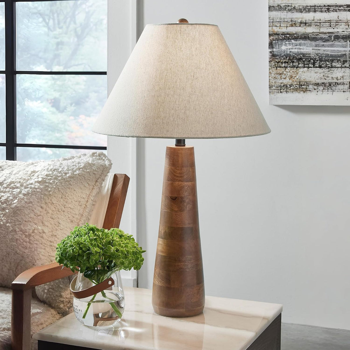 Signature Design by Ashley Danset 30" Tall Table Lamp, Honey Brown | Honey brown base crafted from wood products and other materials, Cotton empire hardback fabric shade, 3-way rotary switch