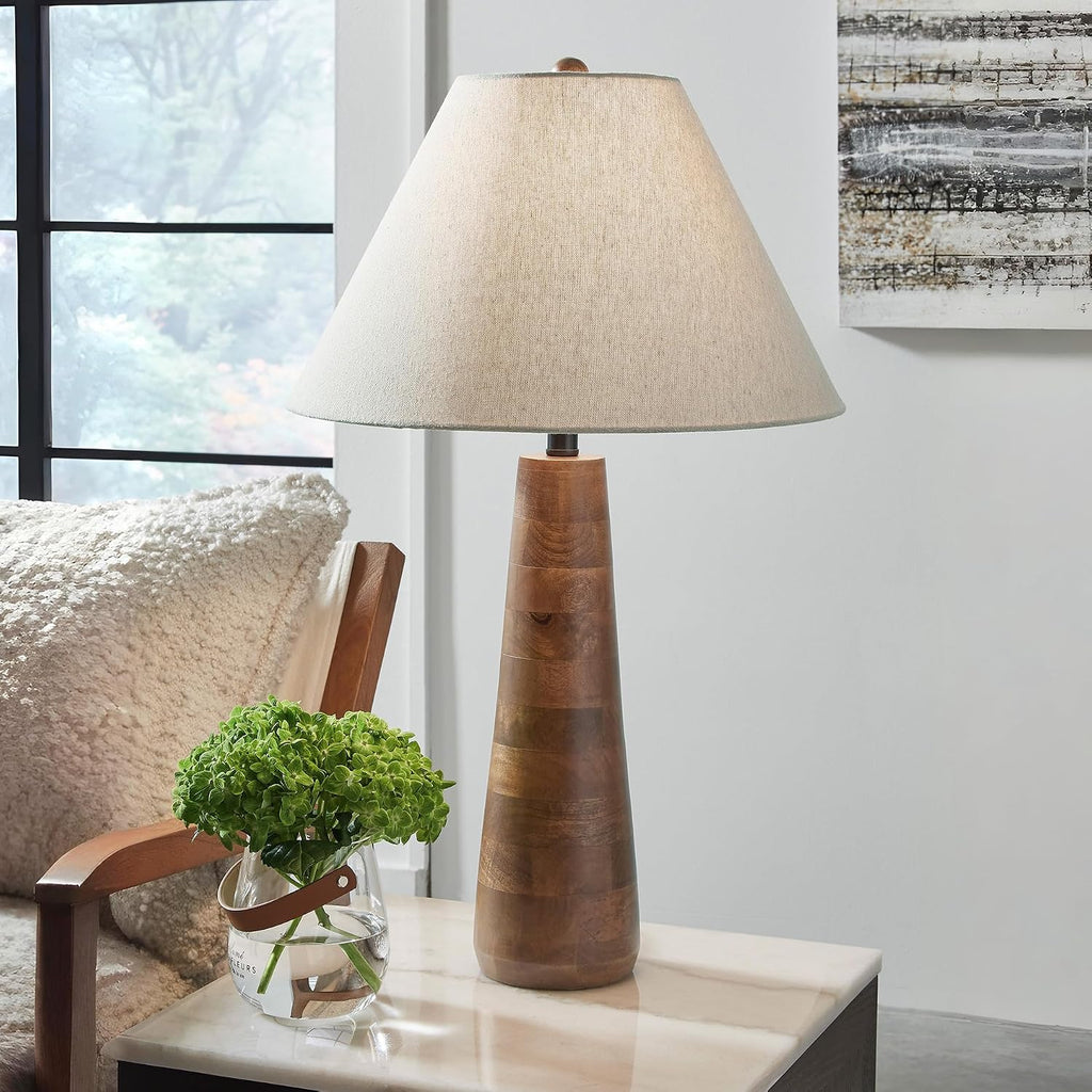 Signature Design by Ashley Danset 30" Tall Table Lamp, Honey Brown | Honey brown base crafted from wood products and other materials, Cotton empire hardback fabric shade, 3-way rotary switch