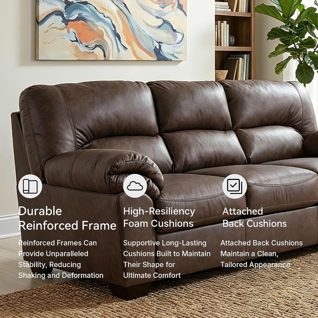 Signature Design by Ashley Faux Leather Living Room Sofa, Umber | 87"W contemporary 3-seater, Anti-sag platform foundation, Easy-clean upholstery fits 32" doorways, WalkerPoint Series