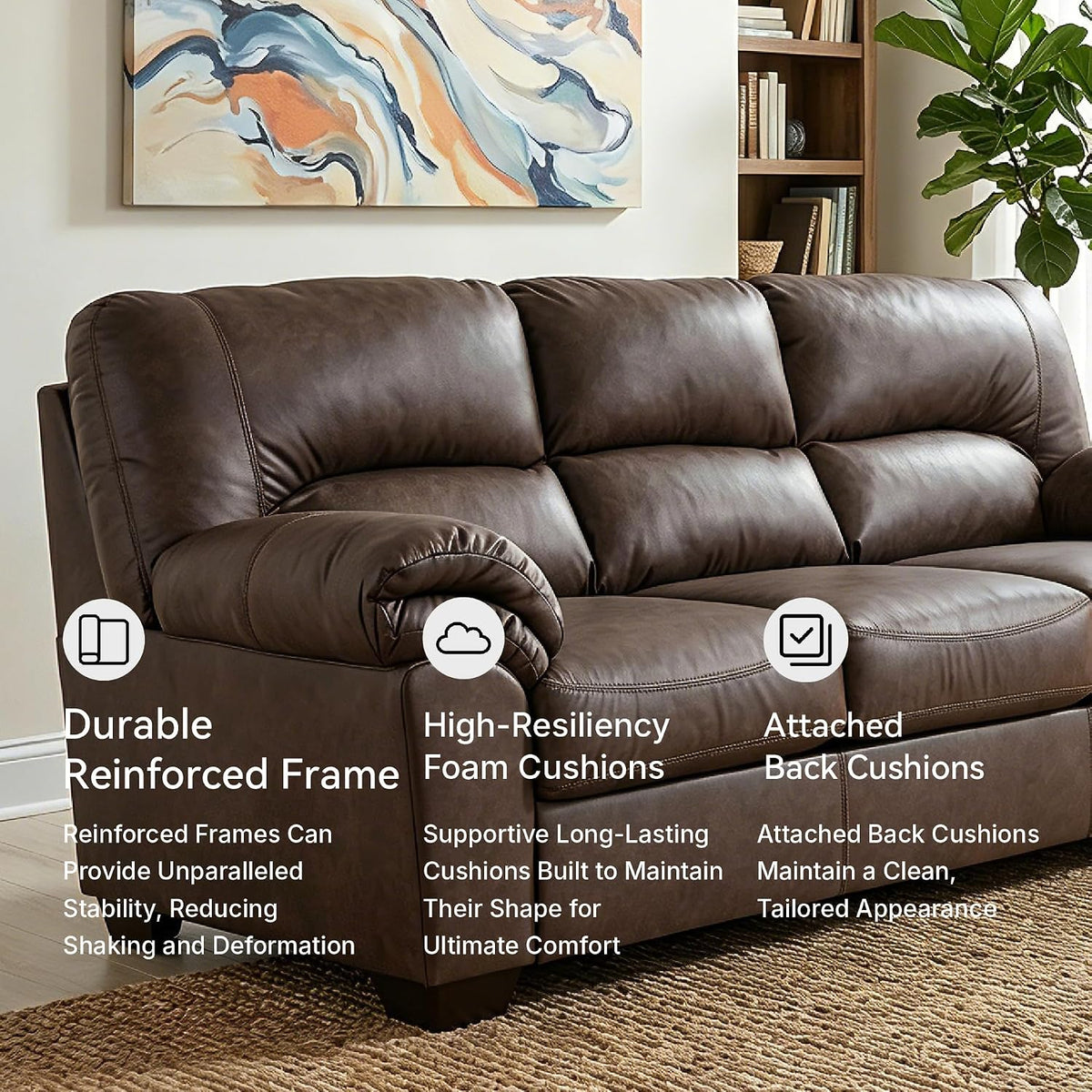 Signature Design by Ashley Faux Leather Living Room Sofa, Umber | 87"W contemporary 3-seater, Anti-sag platform foundation, Easy-clean upholstery fits 32" doorways, WalkerPoint Series