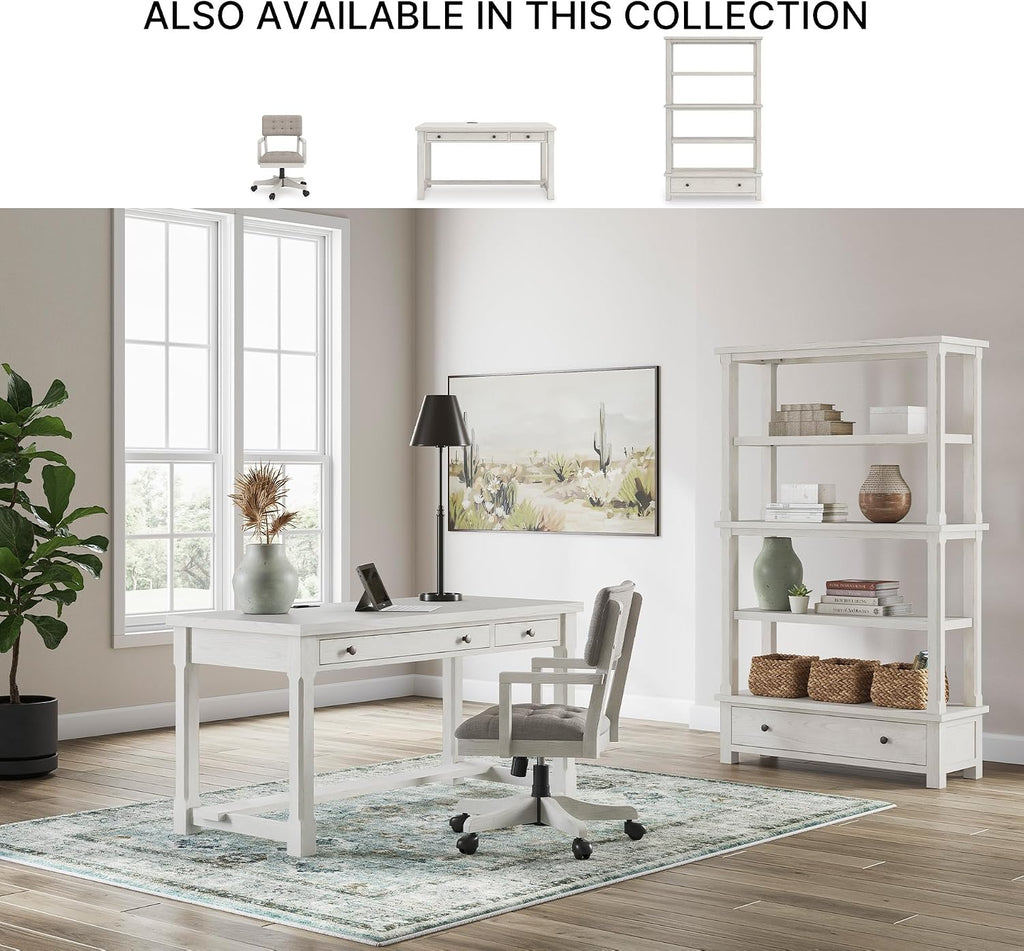 Signature Design by Ashley Robbinsdale Home Office Desk Chair, Farmhouse | Solid wood frame, 360-degree swivel, Tufted light gray fabric, Smooth casters, Adjustable height