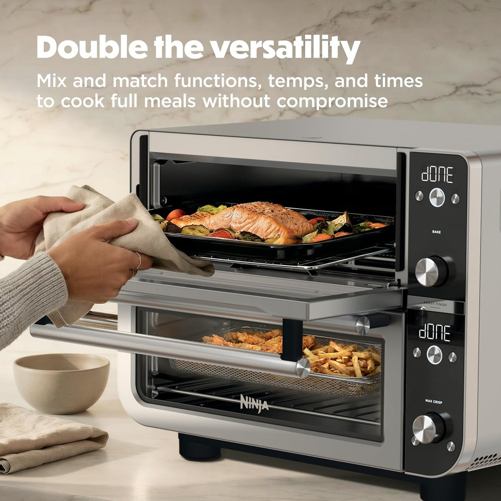 Ninja Double Oven Pro Smart XL, 30.2 Qt, 12-in-1, Stainless Steel, DCT801 | DualZone, Smart Finish, Fits 4.5 lb chicken, Air fry, bake, broil, roast, toast, pizza
