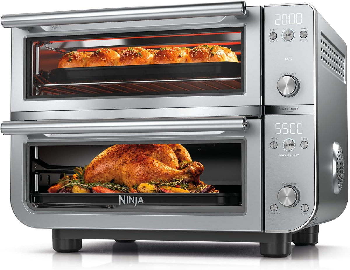 Ninja Double Oven Pro Smart XL, 12-in-1, Silver, DCT821 | QuartzHeat top oven, DualZone, Smart Finish, Fits 4.5 lb chicken & 6 lbs wings, Air fry